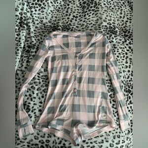 La vien rose pj romper pink and grey plaid size M